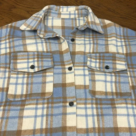 Plaid Button-Up Shacket Jacket - Blue & Tan - Picture 3 of 9